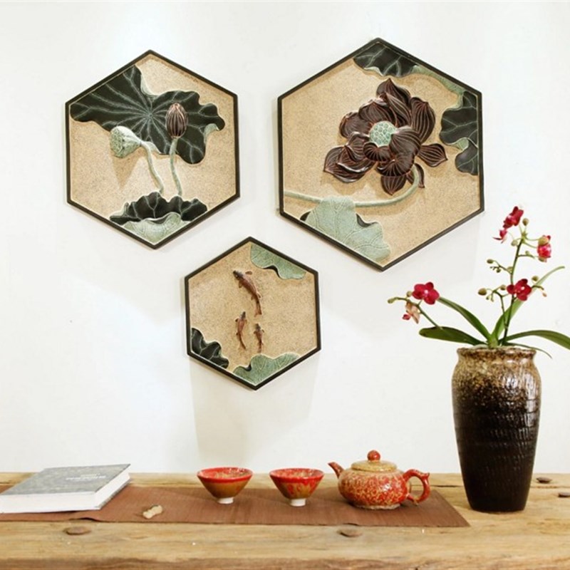中式复古中国风荷花浮雕挂件采莲曲无框画玄关装饰画背景墙饰壁饰图片
