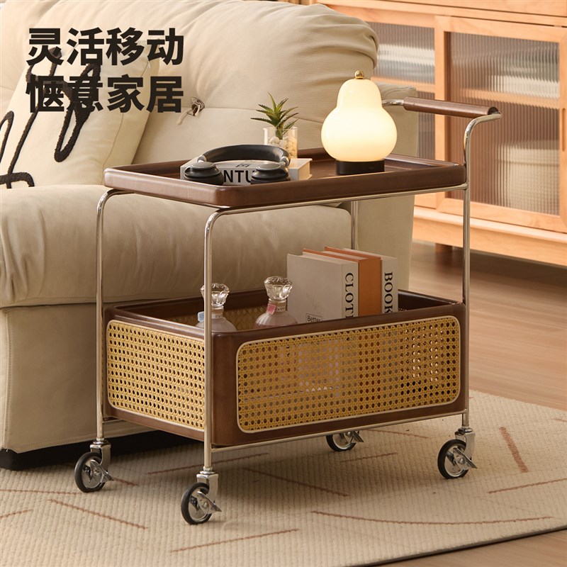 纯实木可移动藤编小推车小茶几边几中古角几沙发茶水车置物边柜