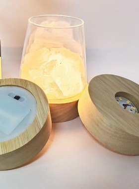 圆形电池盒款实木发光底座LED水晶灯座小夜灯3节电池款带开关摆件