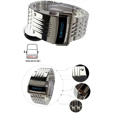 Fashion Electronic Watch Blue LED Display Wide Stainless Ste