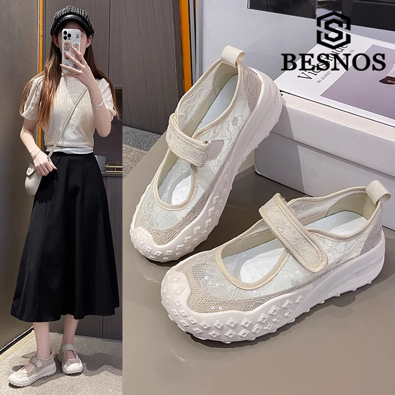 BESNOS玛丽珍鞋女百搭蕾丝一脚蹬