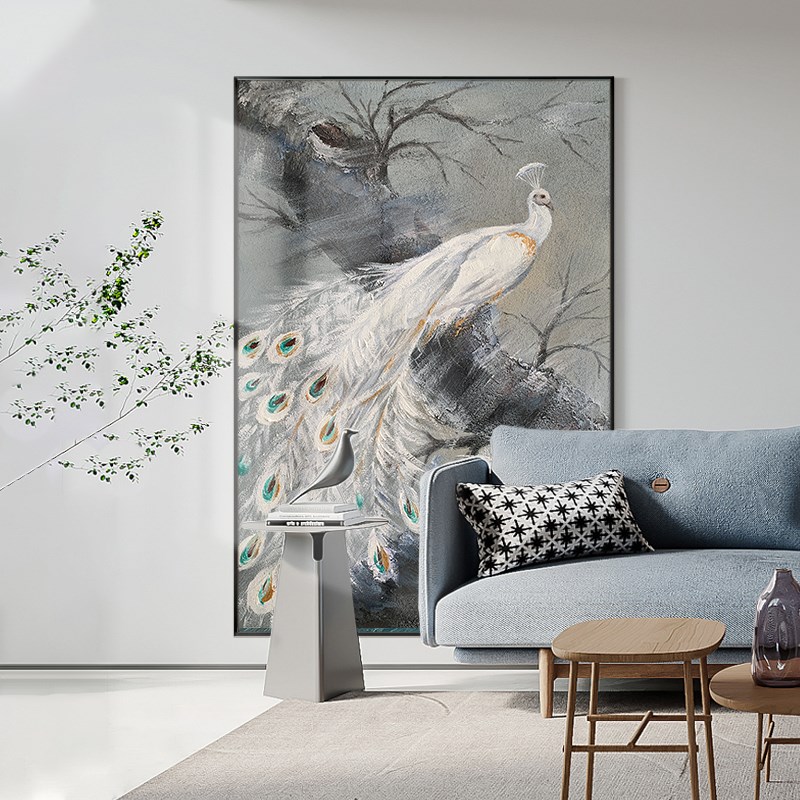 手绘孔雀沙发背景墙挂画立体肌理壁画高级感动物装饰画客厅落地画图片