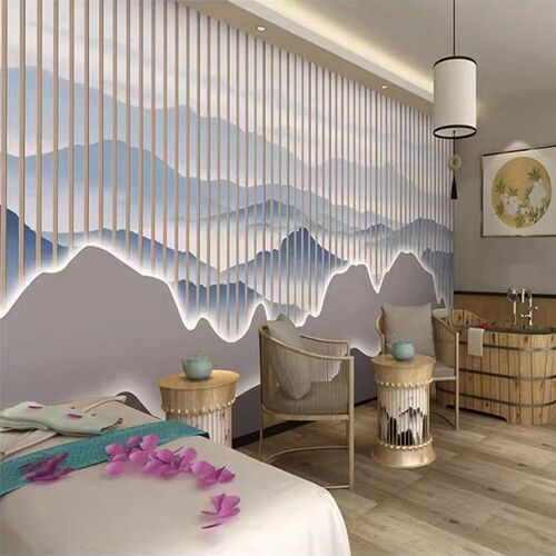 新格栅养生馆装修墙纸采耳店收银台墙布院背景墙茶室壁纸