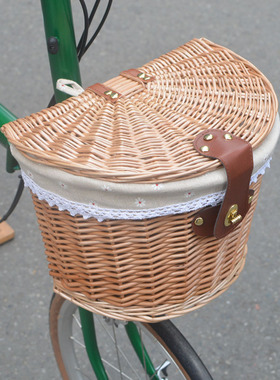 opton小布折叠自行车复古藤编柳编车篮带盖编织菜篮车筐子蓝