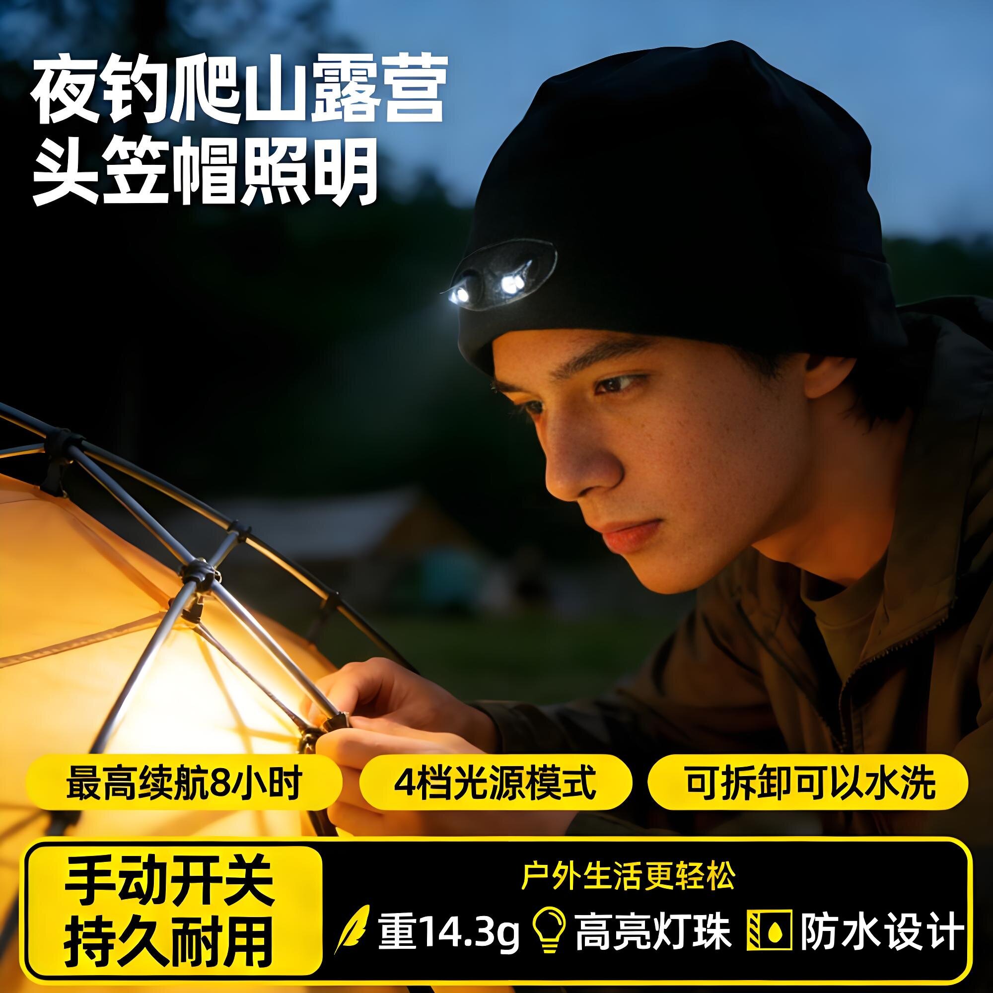 户外防风保暖照明灯帽露营登山男女烧烤照亮头笠帽可充电2025新款