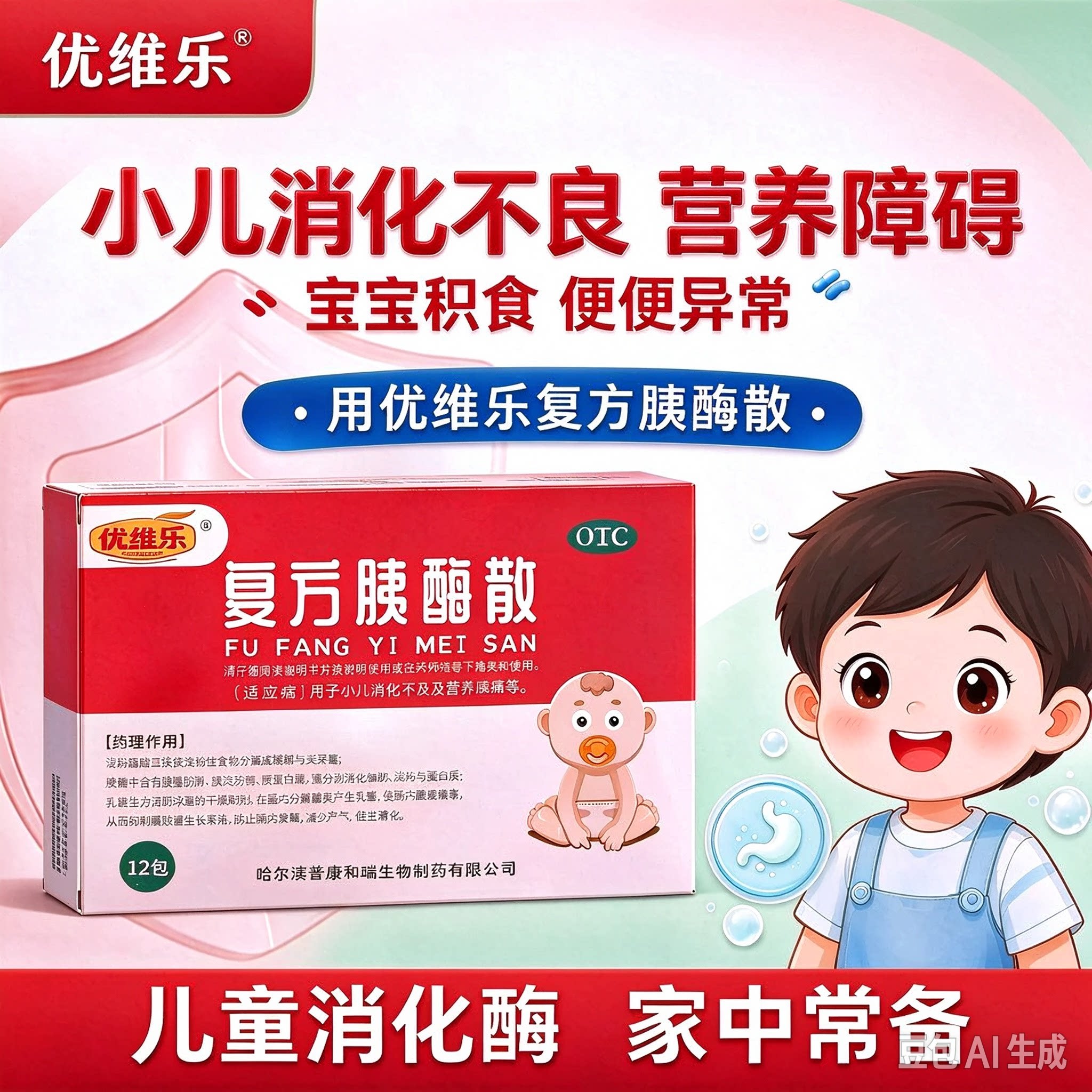 优维乐 复方胰酶散12包 小儿消化不良及营养障碍宝宝儿童消化不良
