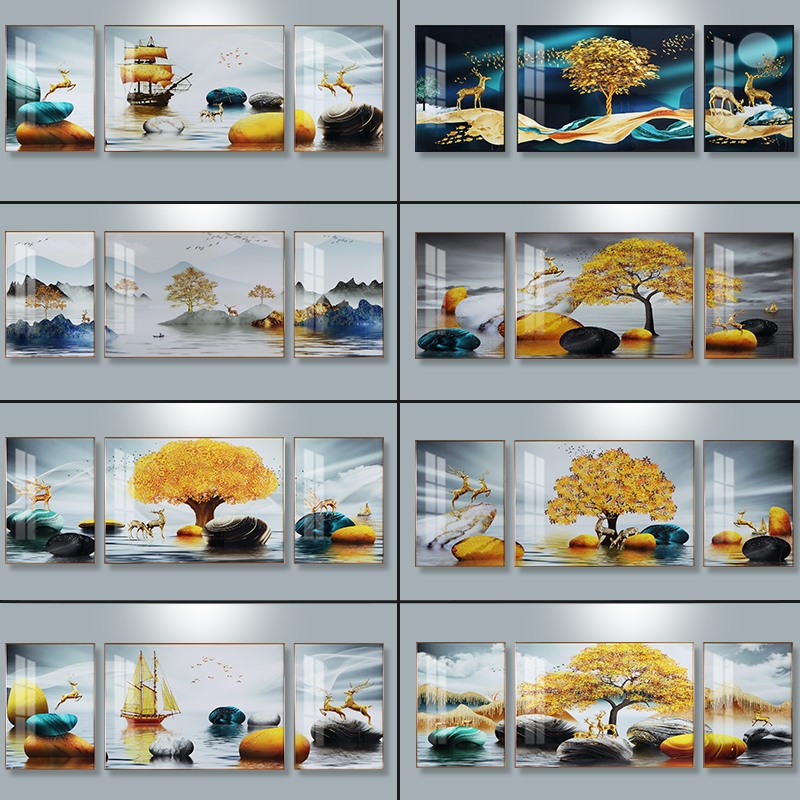 定做金属装饰画现代轻奢晶瓷三联画立体L风景框沙发新中式客厅图片