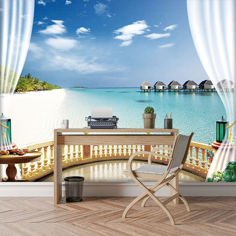 墙自粘墙画客厅卧室电视背景墙纸仿真海景沙滩风景装饰壁画壁纸