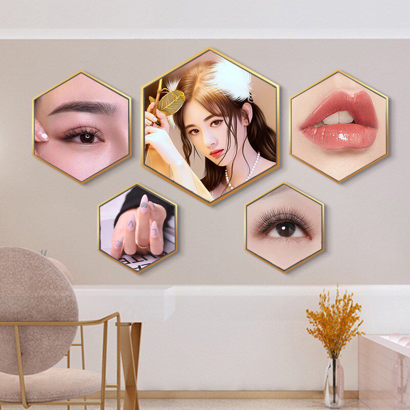 院六边形装饰画眉眼唇美甲美睫毛纹绣小纹身创意背景挂画