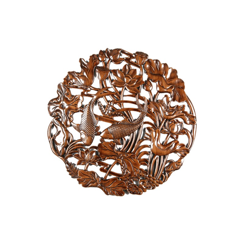 东阳木雕香樟木挂件圆中式客厅装饰画背景墙连年有余实木镂空壁挂