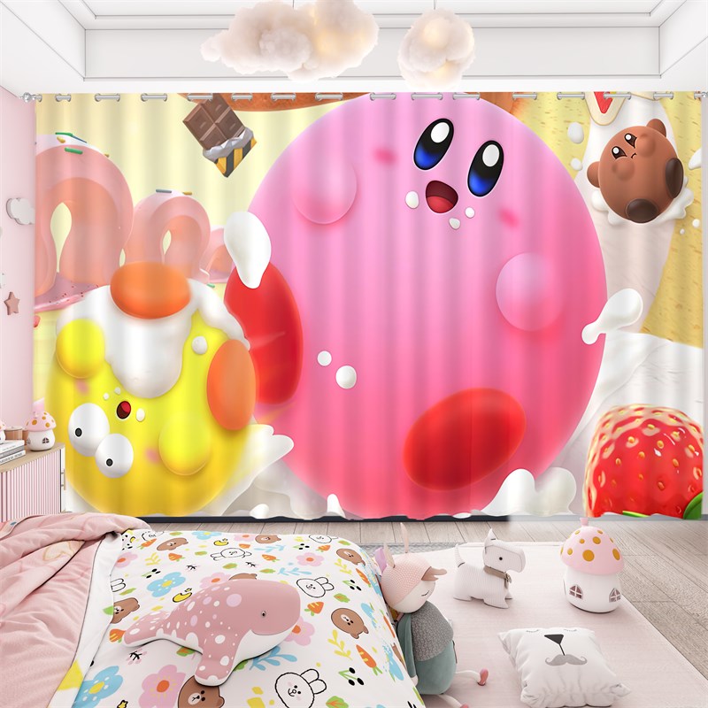 星之卡比窗帘遮光儿童房卡通女生公风卧室粉色飘窗背景布免打孔