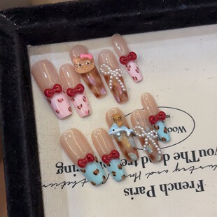 纯手工【曼波甜心】猫咪可爱豹纹猫眼蝴蝶结珍珠甜辣长款穿戴甲