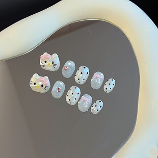 纯手工立体kitty极光浮雕可爱新款波点猫眼设计感学生短甲穿戴甲