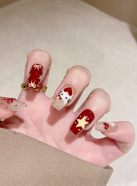 手工[可爱圣诞]红色手绘猫咪蝴蝶结撞色显白氛围感穿戴甲