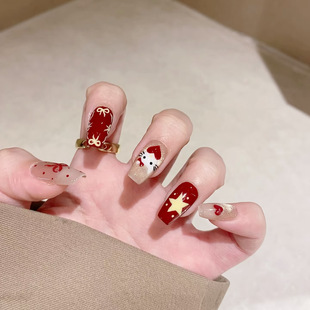 手工[可爱圣诞]红色手绘猫咪蝴蝶结撞色显白氛围感穿戴甲