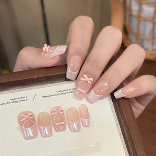 纯手工【粉舞鞋】芭蕾温柔气质梦幻女神裸色法式蝴蝶结高级穿戴甲