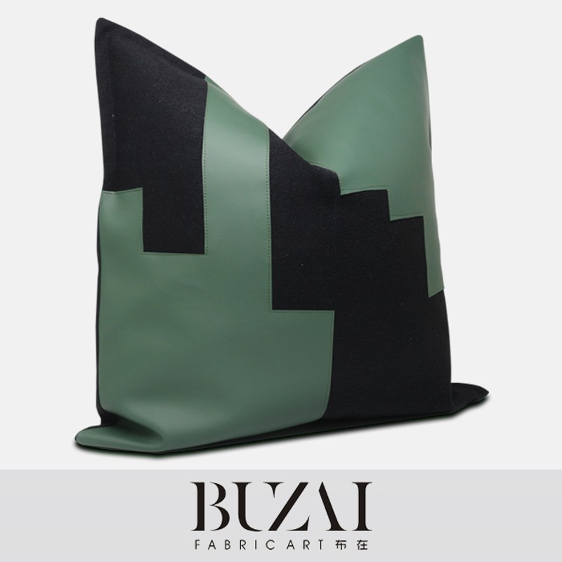 布在布艺 现代样板房靠垫绿色皮革拼接黑色麂皮绒抱枕靠包