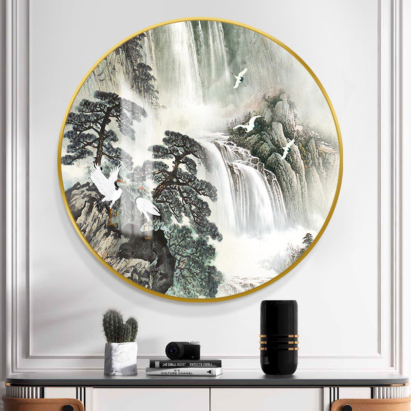 迎客松客厅餐厅挂画入户玄关装饰画沙发背景墙壁画中式圆形山水画图片