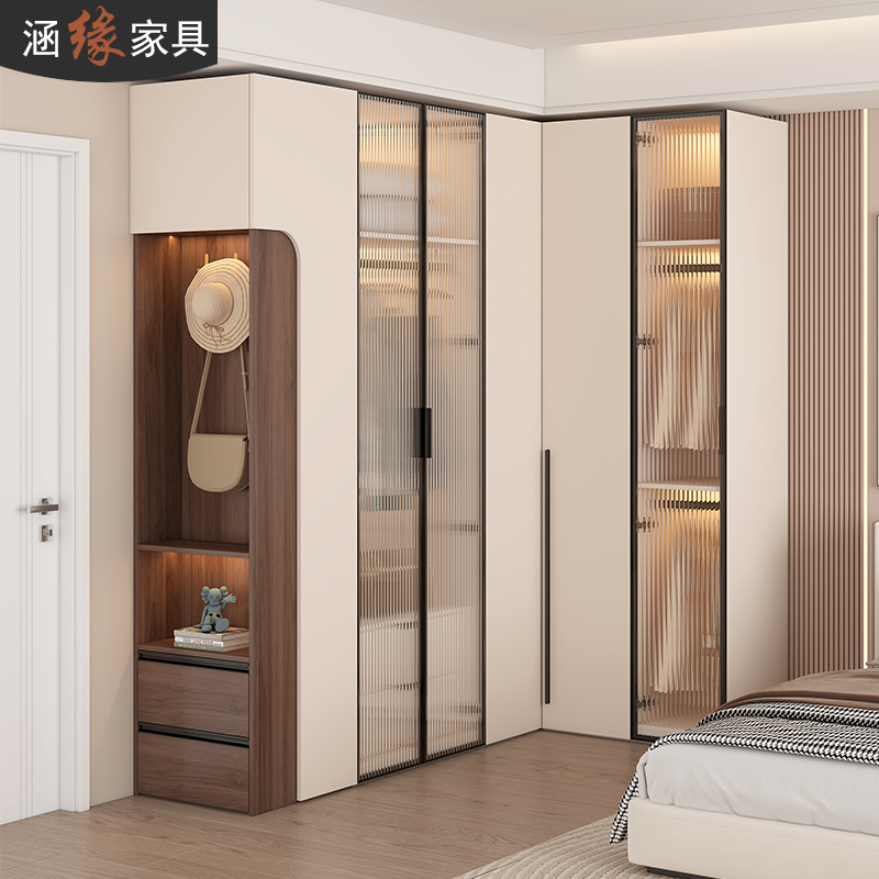 法式奶油风转角衣柜家用卧室l型拐角衣橱衣帽间柜9度墙角柜定制