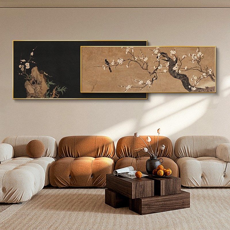 中古风客厅复古鸟竹子装饰画卧室床头级感横幅叠加挂画框,家居饰品,现代装饰画,淘宝优惠券,粉丝福利购,淘宝优惠卷