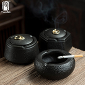 陶迷磨砂黑陶烟灰缸创意个性 陶瓷防风防飞灰带盖车载大号烟缸