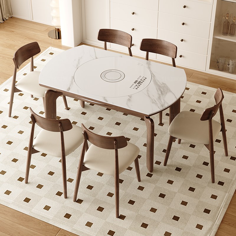 伸缩实木岩板餐桌现代小户型家用内嵌式电磁炉暖菜转盘餐桌