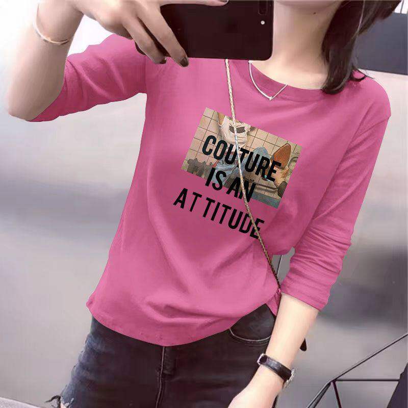 春秋时尚纯棉长袖T恤女时尚韩版百搭宽松显瘦印花圆领休闲上衣潮