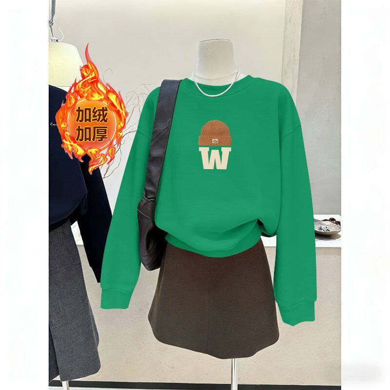 加绒加厚短款卫衣女秋冬女装显瘦简约大码减龄百搭遮肉上衣女ins