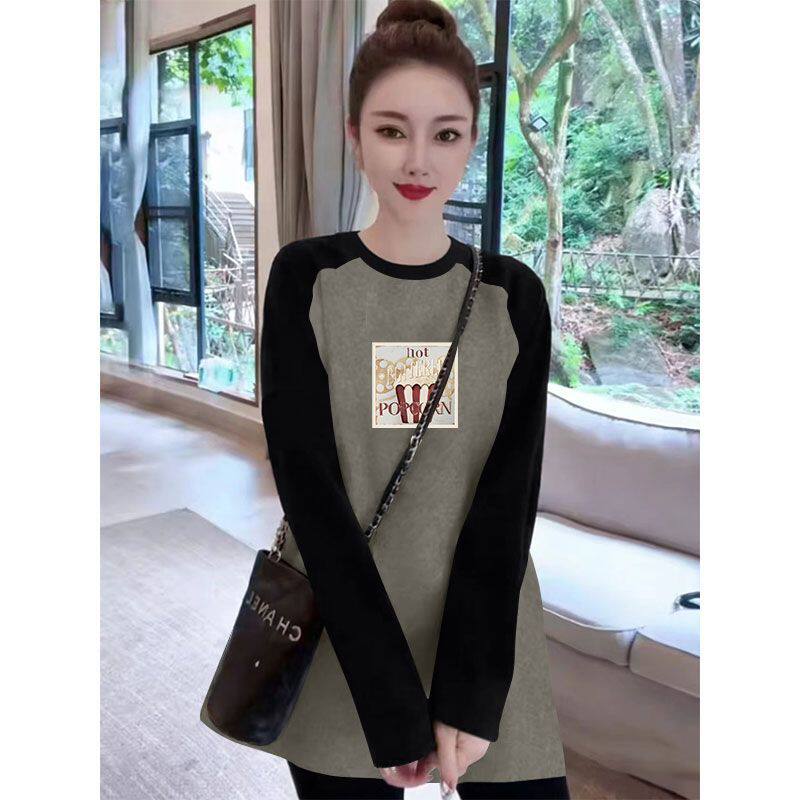 德绒长袖大码t恤女新款秋冬显瘦时尚圆领减龄洋气遮肉打底上衣