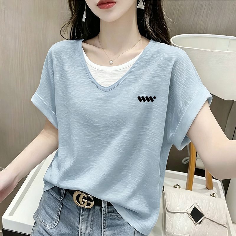 纯棉大码V领显瘦T恤女夏季