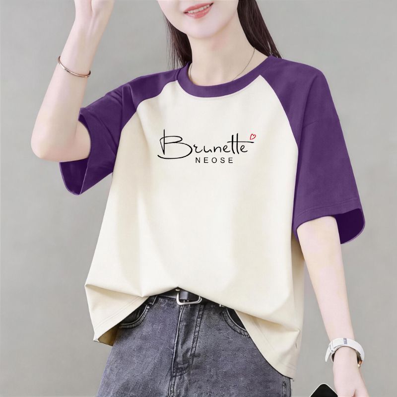 精品纯棉短袖T恤女插肩夏季大码宽松潮流简约休闲半袖圆领上衣女