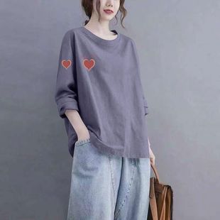 纯棉长袖大码t恤女春秋女装宽松简约减龄显瘦印花休闲上衣打底衫