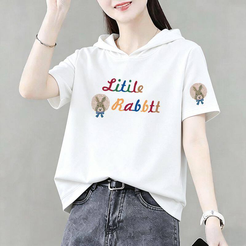 纯棉短袖t恤女夏季女装连帽休闲潮流大码简约韩版时尚上衣女