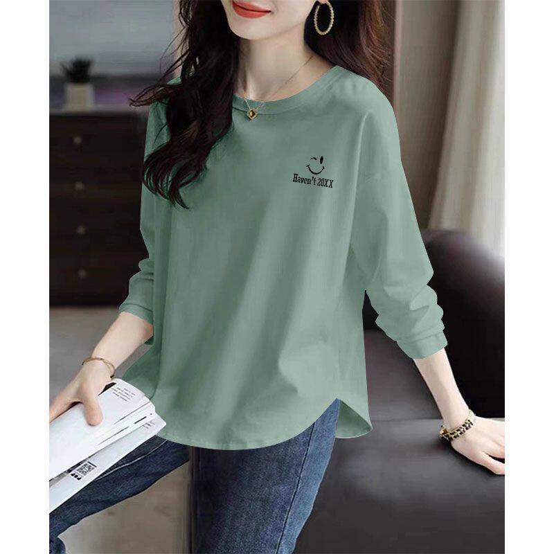 纯棉长袖大码t恤女春秋新款气质简约百搭减龄韩版显瘦打底上衣
