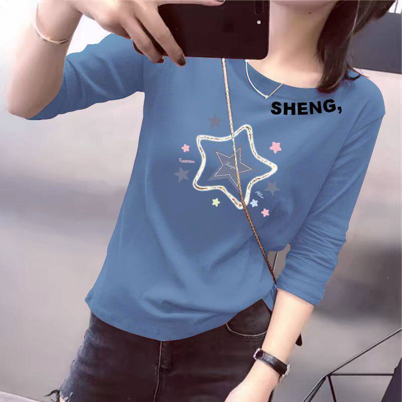 纯棉长袖T恤通勤正肩圆领印花显瘦大码宽松时尚减龄新款上衣