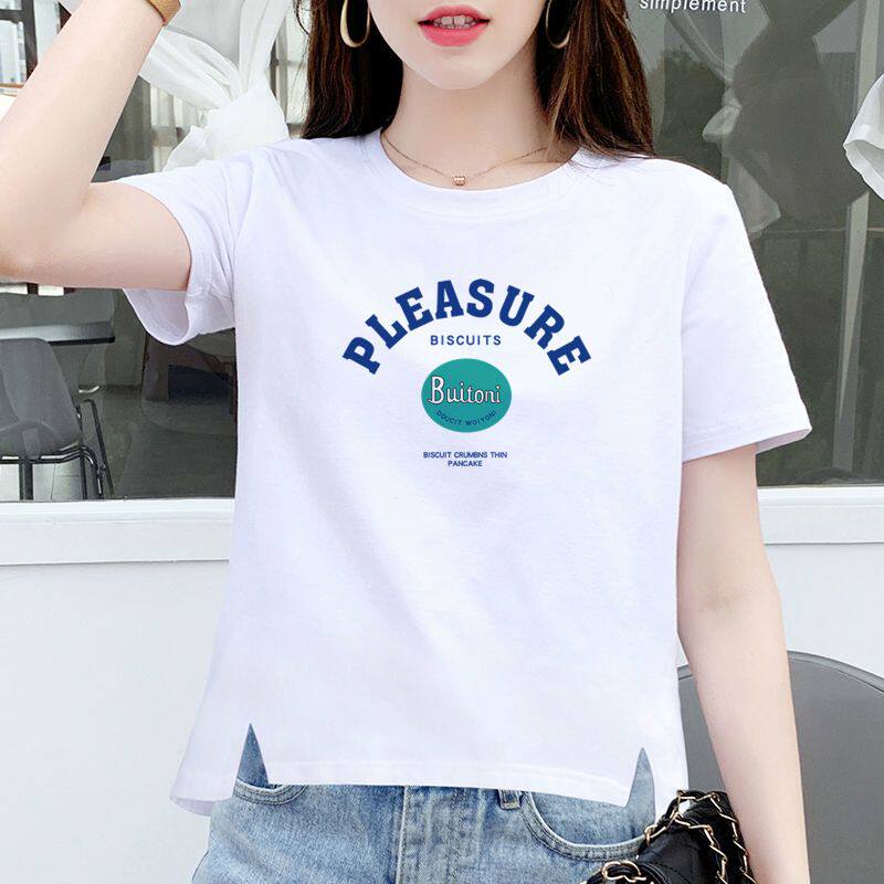 纯棉白色短袖t恤女夏季短款休闲时尚内搭小个子设计感开叉上衣服