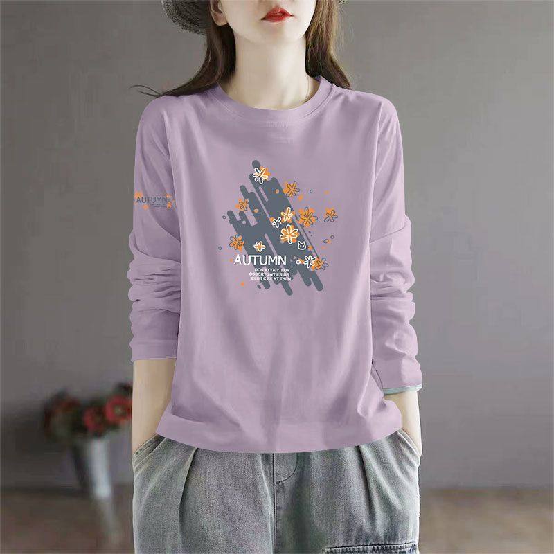 纯棉长袖潮流T恤女秋冬女装百搭圆领内搭休闲宽松减龄上衣女ins