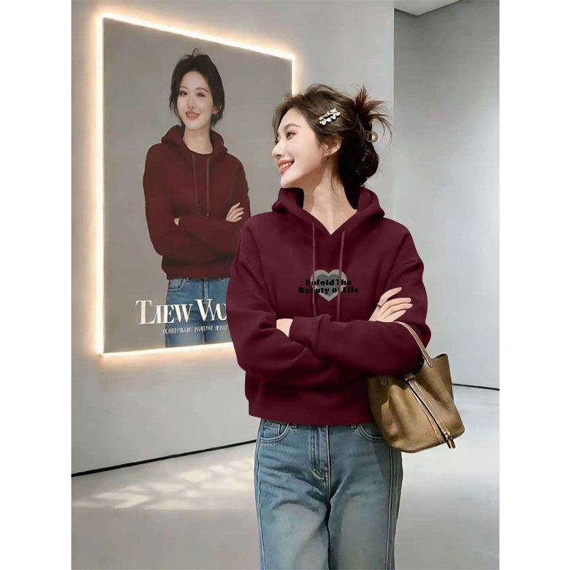 秋冬加绒加厚显瘦印花卫衣女