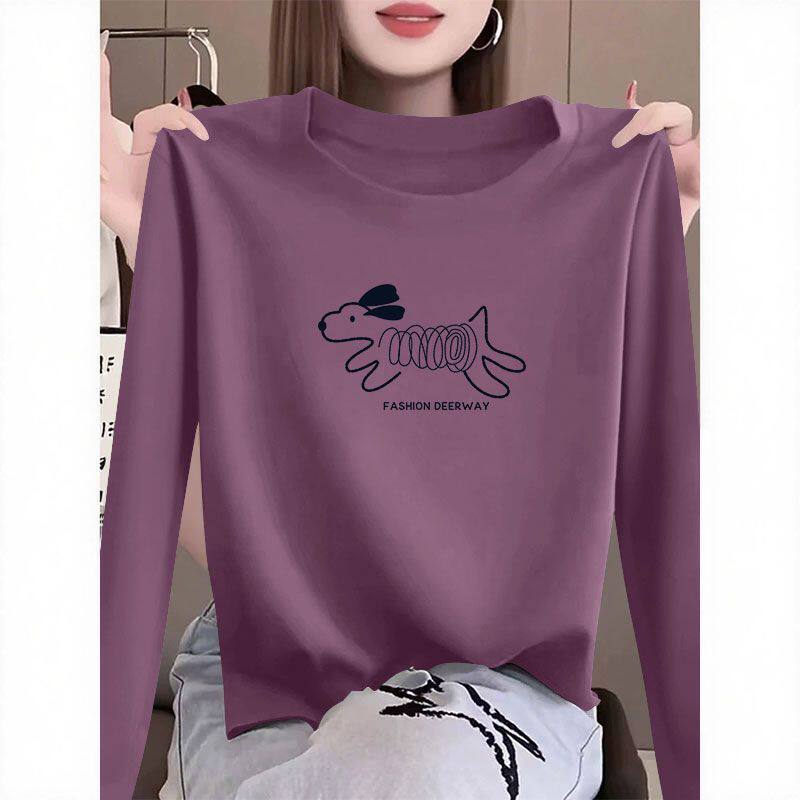 纯棉长袖潮流T恤女秋冬新款显瘦遮肉宽松气质简约减龄上衣女ins