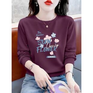 上衣ins潮 秋冬气质简约印花遮肉休闲大码 纯棉长袖 卫衣女圆领新款