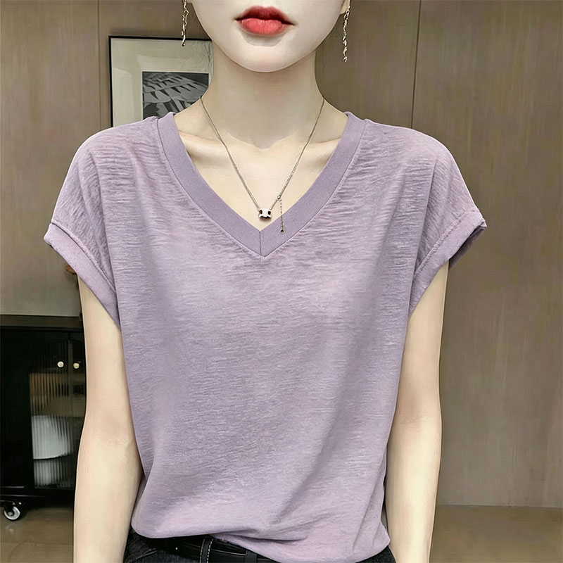 竹节棉短袖潮流T恤女夏装新款设计感简约V领休闲宽松显瘦体恤潮