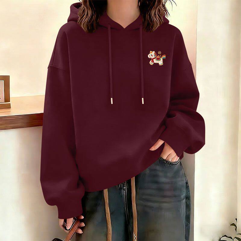 酒红加绒加厚连帽大码卫衣女秋冬
