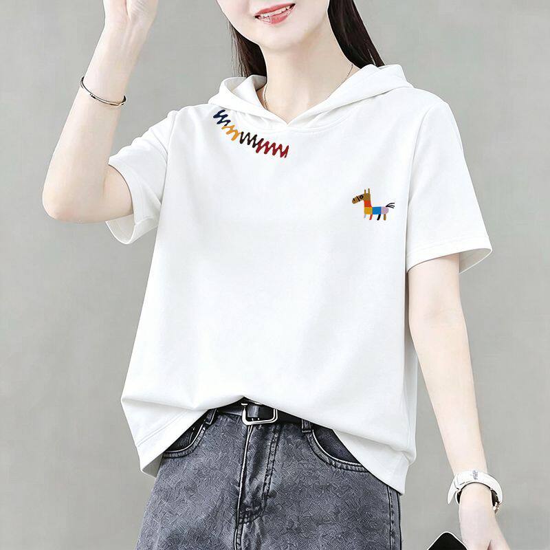 纯棉短袖T恤女夏季新款潮流连帽休闲大码洋气百搭印花上衣服女ins