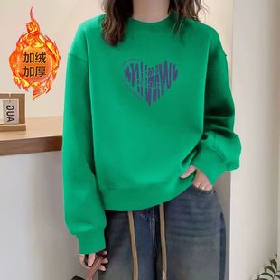 加绒加厚时尚卫衣女秋冬女装大码气质休闲减龄宽松印花上衣女ins