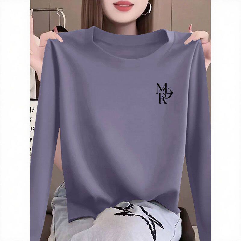 纯棉长袖潮流T恤女春秋新款减龄圆领宽松显瘦时尚简约上衣女ins