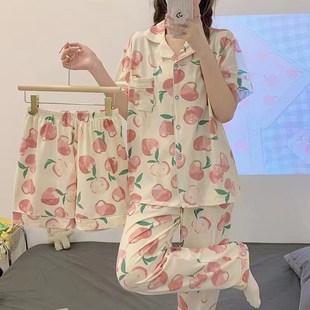 夏季 短裤 睡衣女2024年新款 短袖 女可外 长裤 三件套夏天家居V服套装