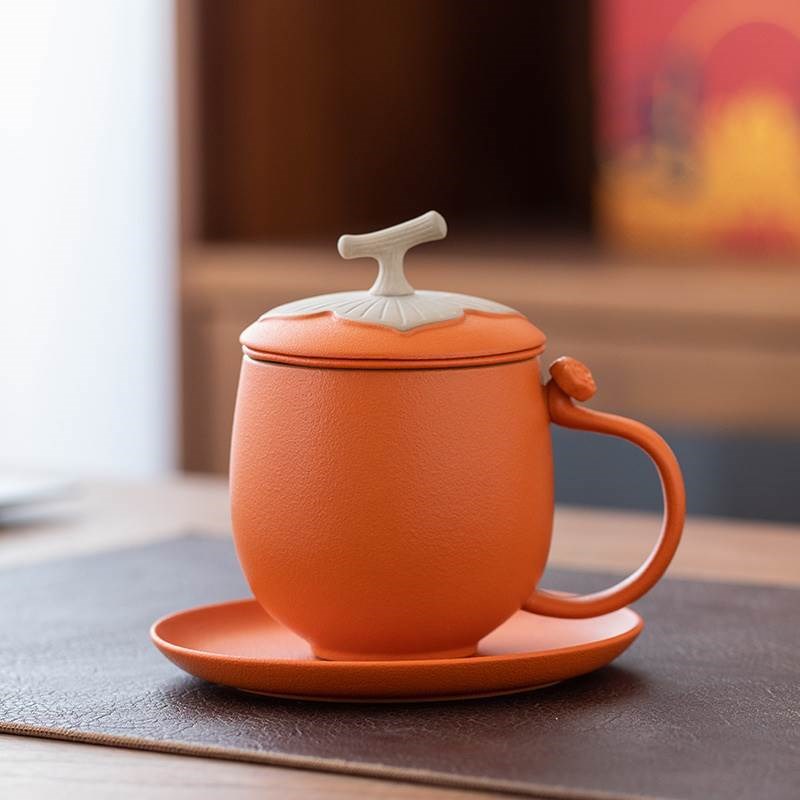 柿柿如意简约中式茶水分t离杯子陶瓷带碟商务礼品个人高档办公杯