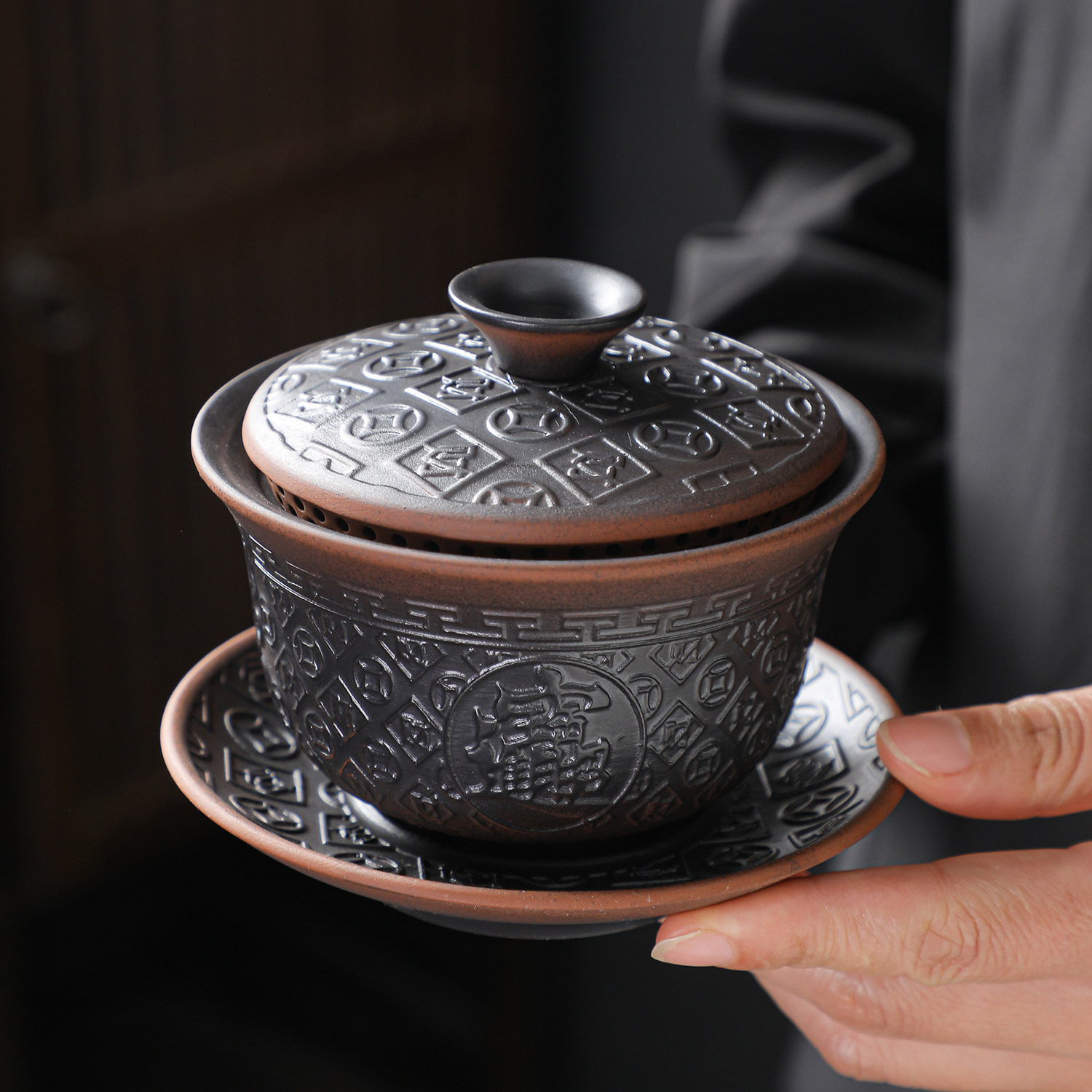 紫陶浮雕招财进宝三才盖碗中式复古家用简约功夫茶具泡茶盖碗