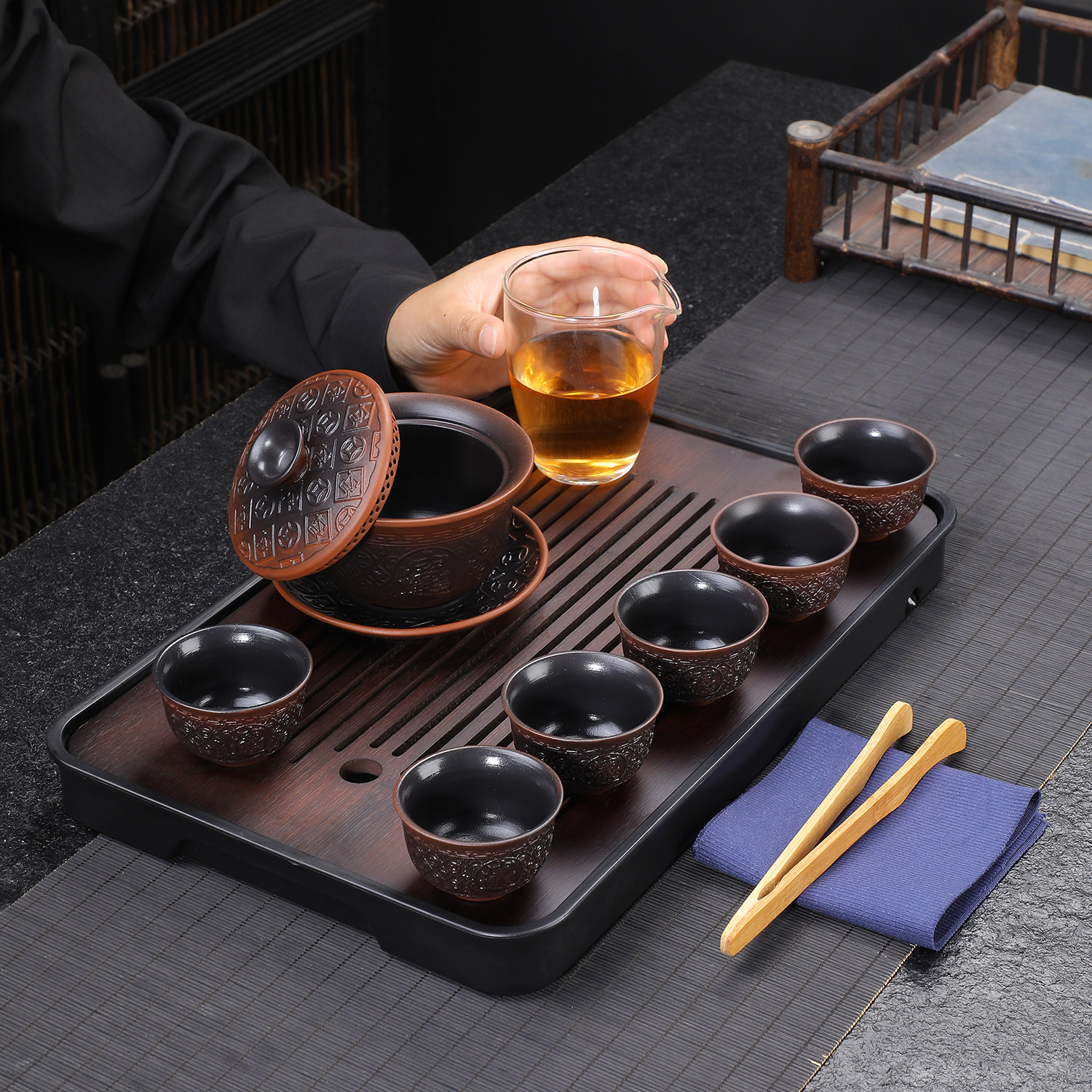紫陶功夫盖碗茶具套装一壶六杯木质茶盘雕花高端家用功夫茶具