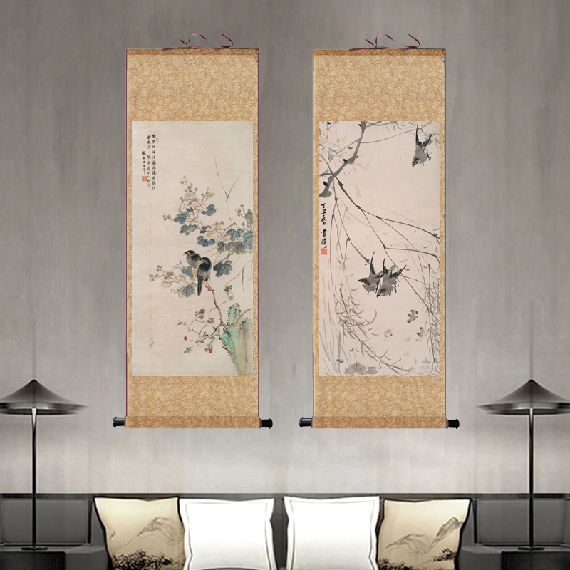 历代国画荷花鸳鸯牡丹国画办公室玄关装饰画沙发背景靠山卷轴挂画